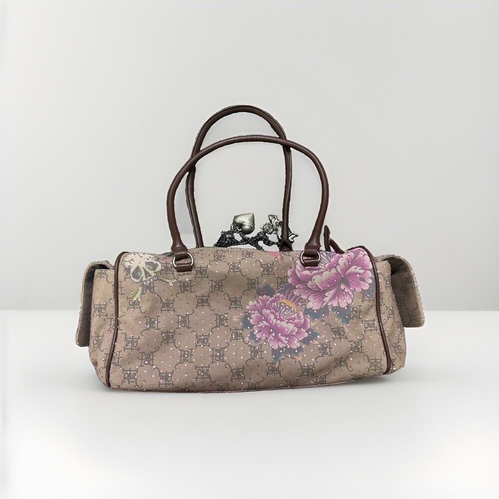 Ed Hardy Handbag Double Zipper Rhinestones Brown And Purple NWT Rare Sample - Picture 3 of 5